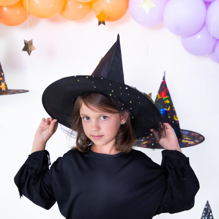 Kapelusz czarownicy z tiulem czarno-srebrny 38x32cm