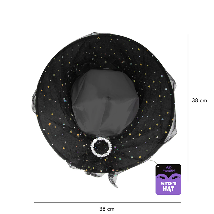 Kapelusz czarownicy z tiulem czarno-srebrny 38x32cm