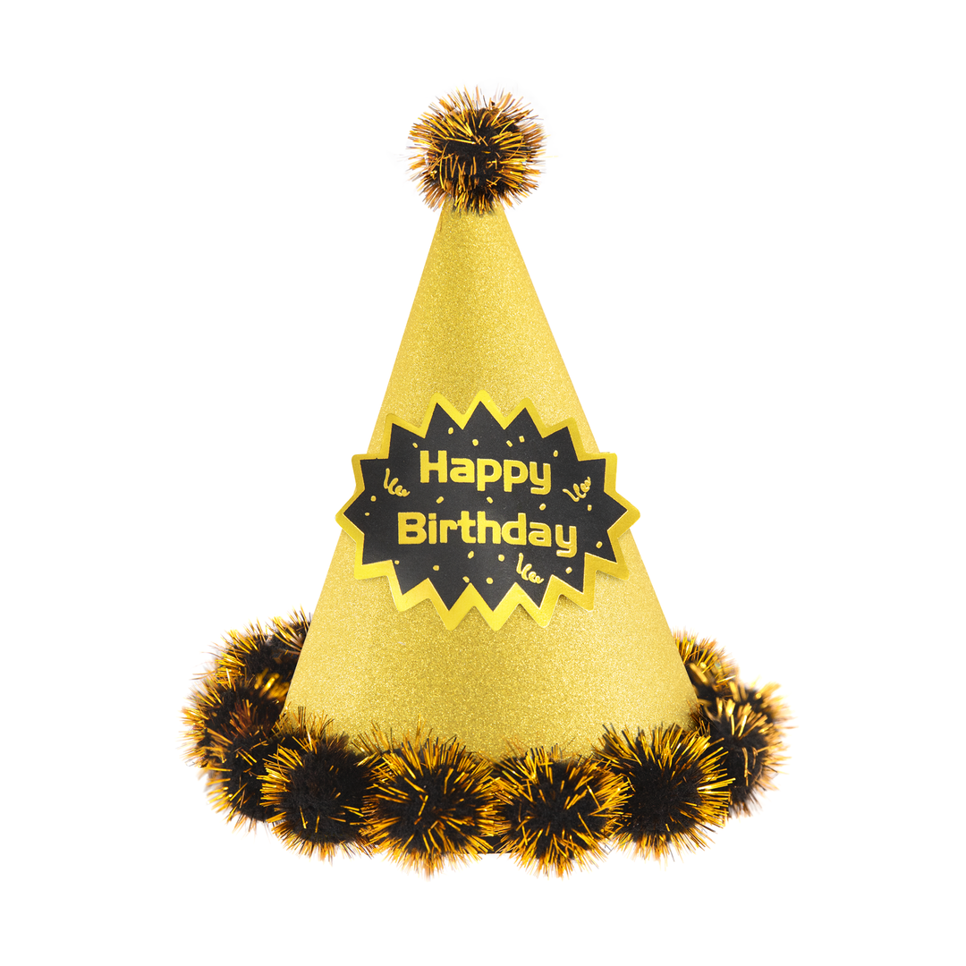 Czapeczka urodzinowa z pomponami Happy Birthday brokatowa złoto-czarna 1 szt.