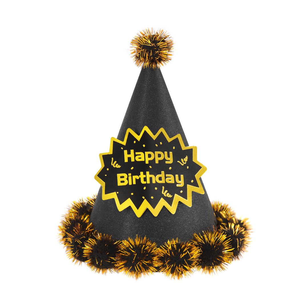 Czapeczka urodzinowa z pomponami Happy Birthday brokatowa czarno-złota 1 szt.