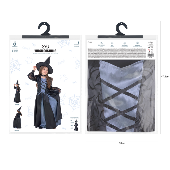 Strój Czarownicy dla dziewczynki czarno-szary rozmiar L