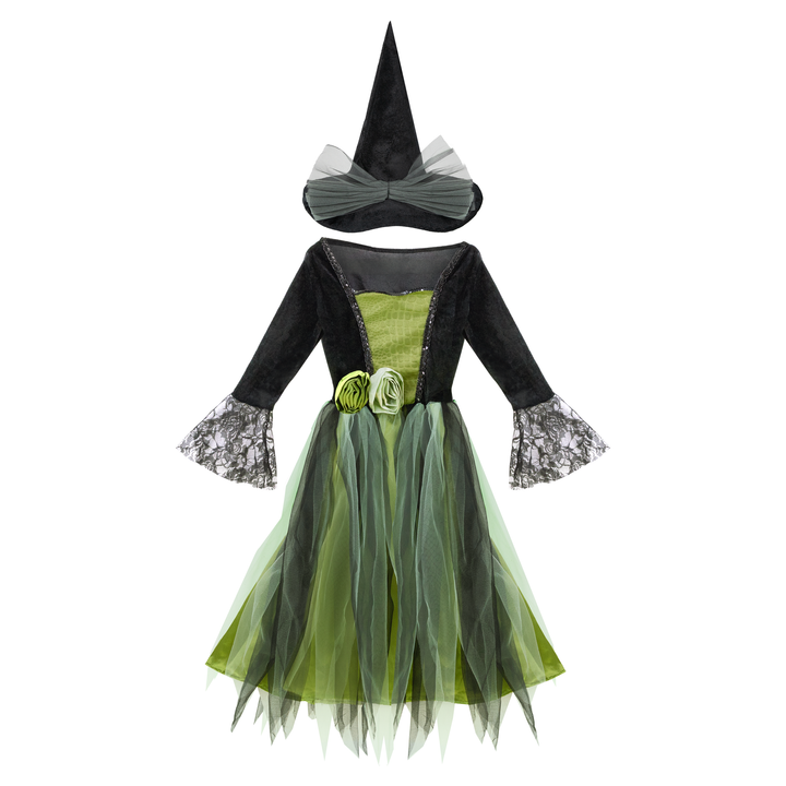 Strój Czarownicy dla dziewczynki zielono-czarny rozmiar M