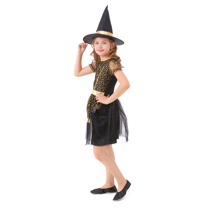 Strój Małej Czarownicy złoto-czarny dla dziewczynki rozmiar M