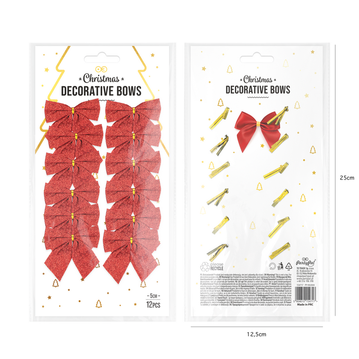 Kokardy świąteczne brokatowe czerwone małe 5cm 12szt.