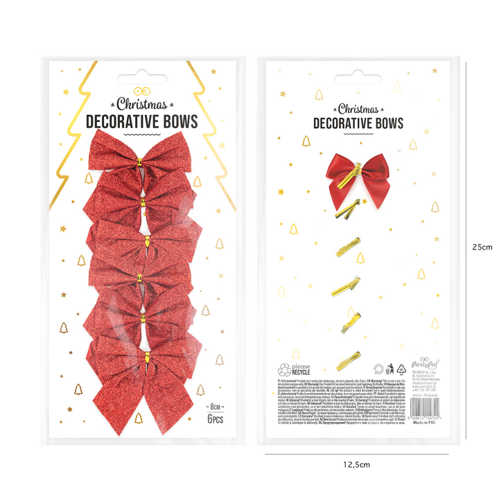 Kokardy świąteczne brokatowe czerwone średnie 8cm 6szt.