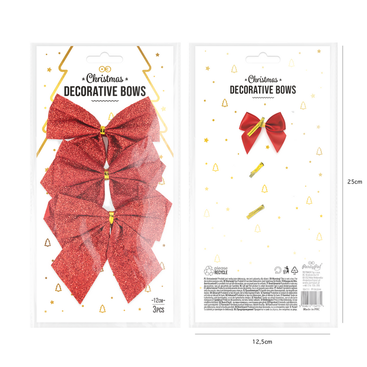 Kokardy świąteczne brokatowe czerwone duże 12cm 3szt.