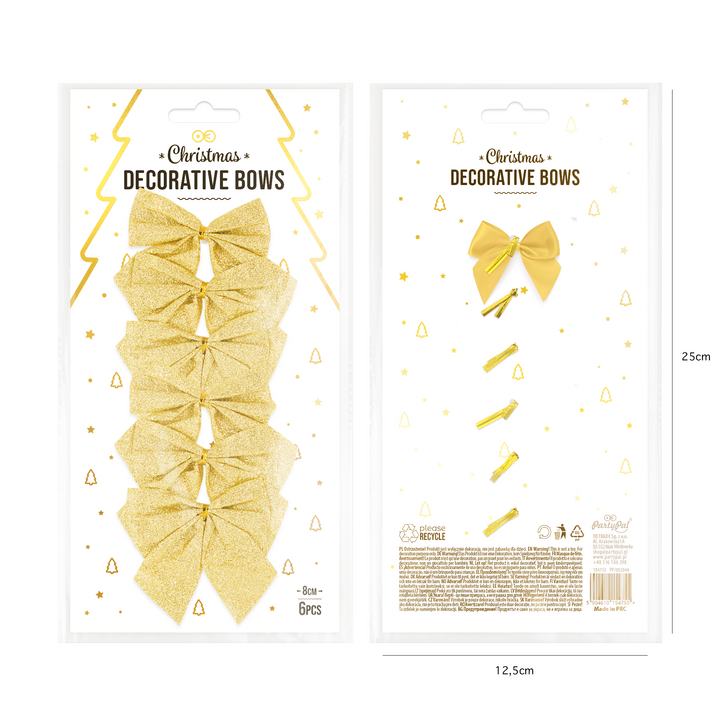 Kokardy świąteczne brokatowe złote średnie 8cm 6szt.