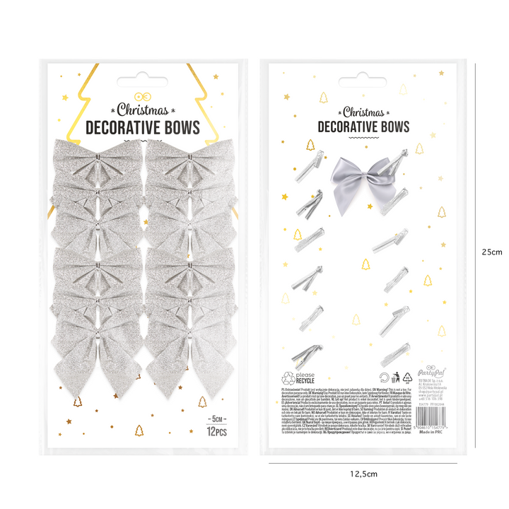 Kokardy świąteczne brokatowe srebrne małe 5cm 12szt.