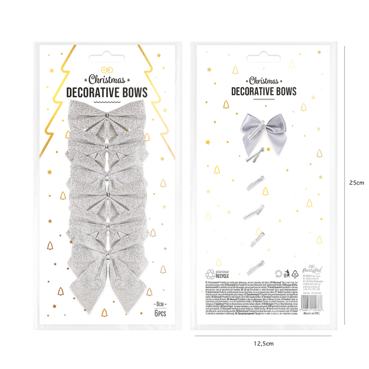 Kokardy świąteczne brokatowe srebrne średnie 8cm 6szt.