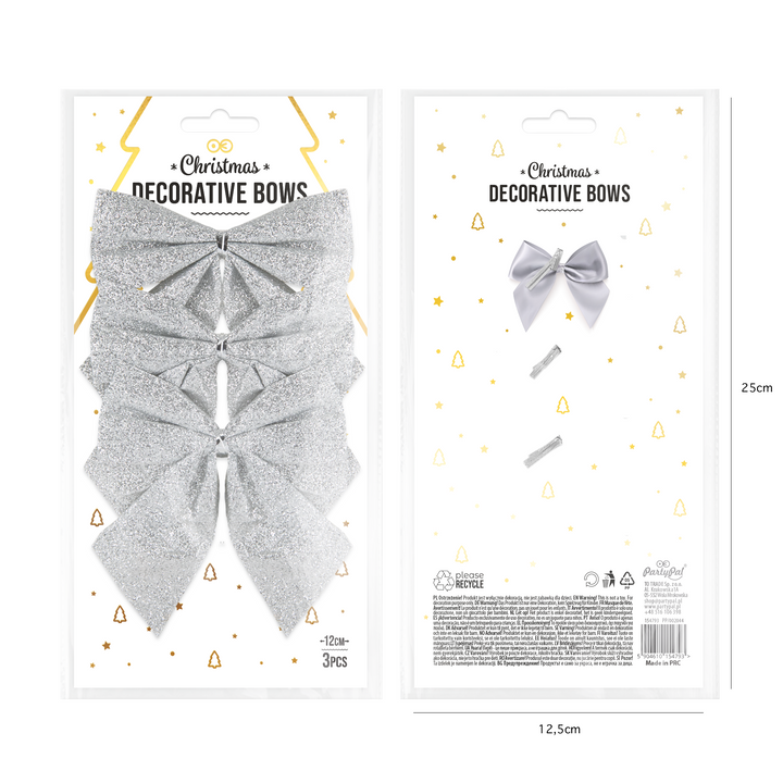 Kokardy świąteczne brokatowe srebrne duże 12cm 3szt.