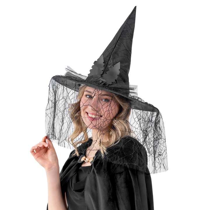 Kapelusz czarownicy z koronką i ozdobną różą czarny 40x33 cm
