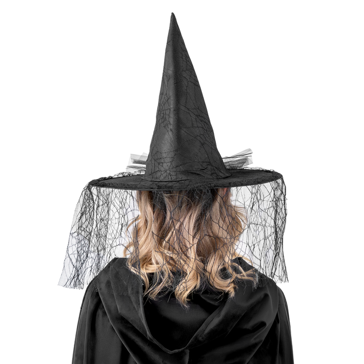 Kapelusz czarownicy z koronką i ozdobną różą czarny 40x33 cm