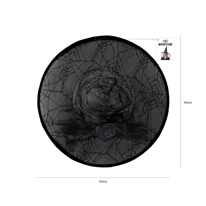 Kapelusz czarownicy z koronką i ozdobną różą czarny 40x33 cm