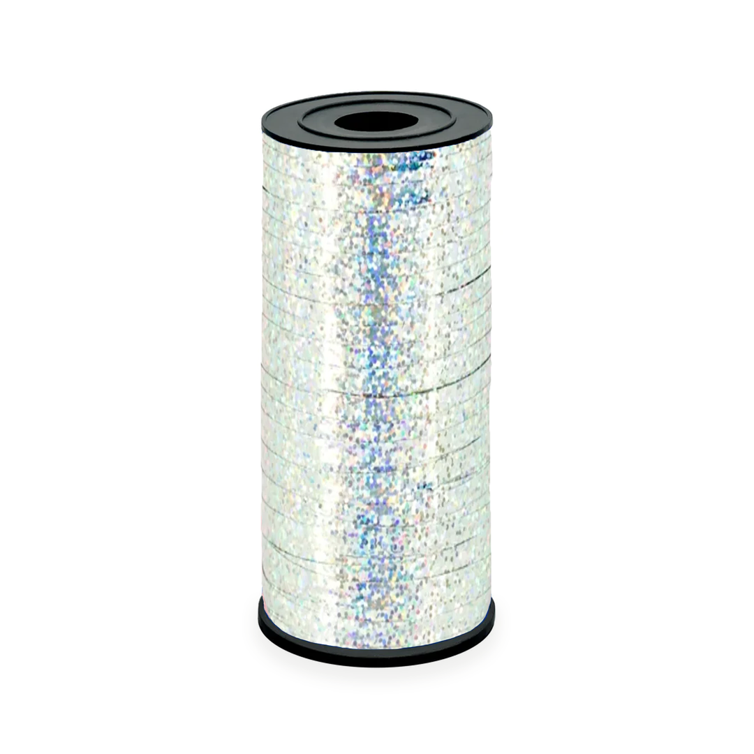 Wstążka plastikowa holograficzna brokatowa srebrna 92m