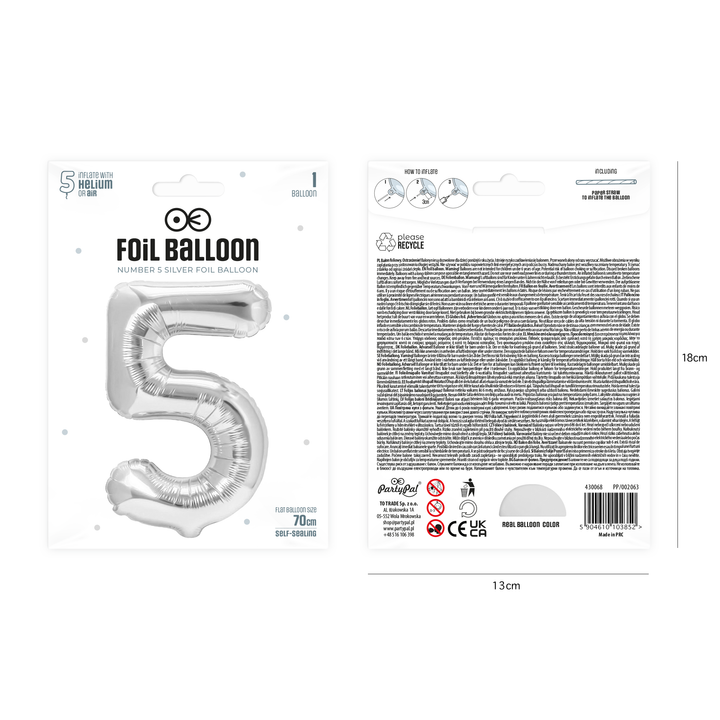 Balon foliowy cyfra 5 srebrny 70cm