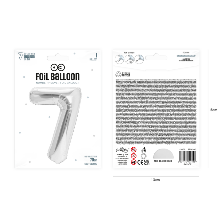 Balon foliowy cyfra 7 srebrny 70cm