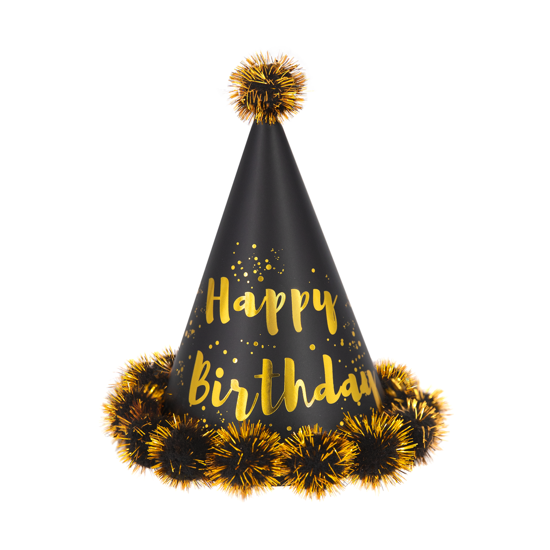 Czapeczka urodzinowa z pomponami Happy Birthday czarno-złota 1szt.