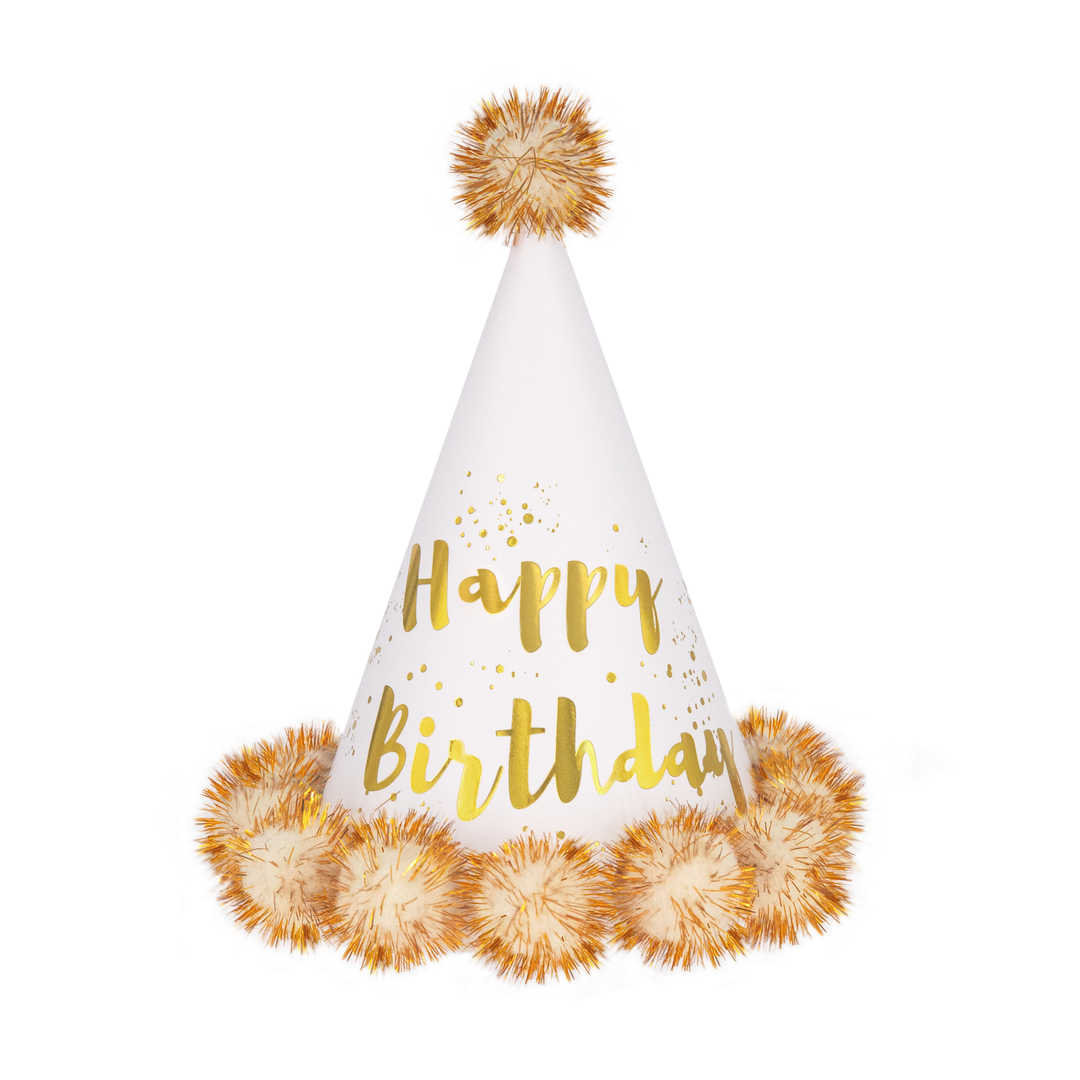 Czapeczka urodzinowa z pomponami Happy Birthday kremowo-złota 1szt.