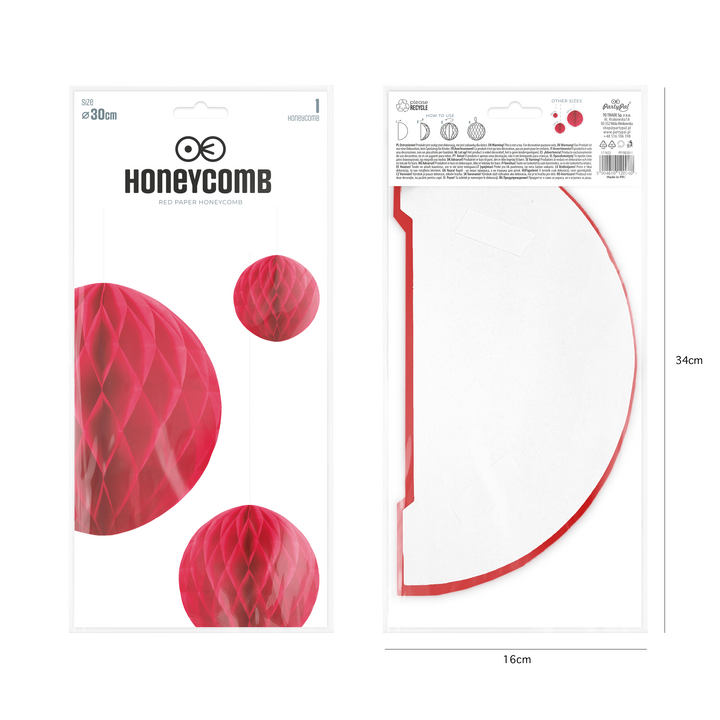 Honeycomb bibułowy, czerwony, 30 cm