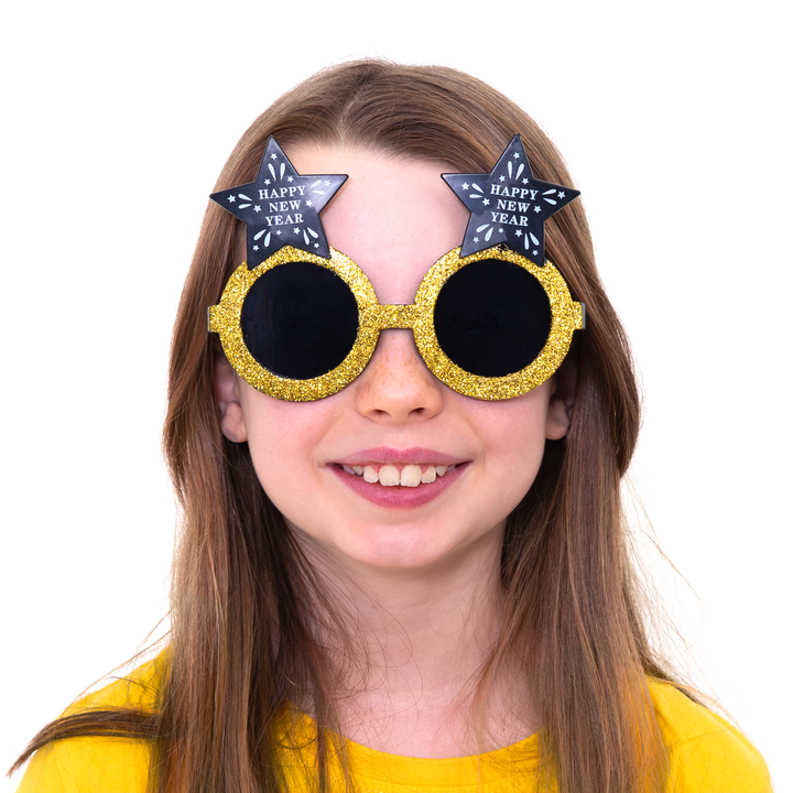 Imprezowe okulary Happy New Year gwiazdki czarno-złote 1szt.