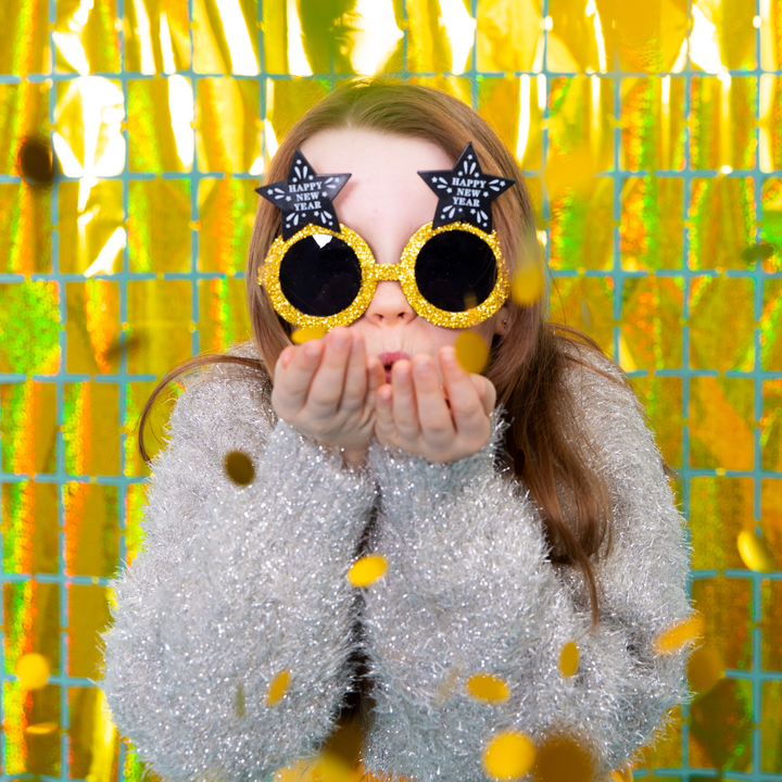 Imprezowe okulary Happy New Year gwiazdki czarno-złote 1szt.