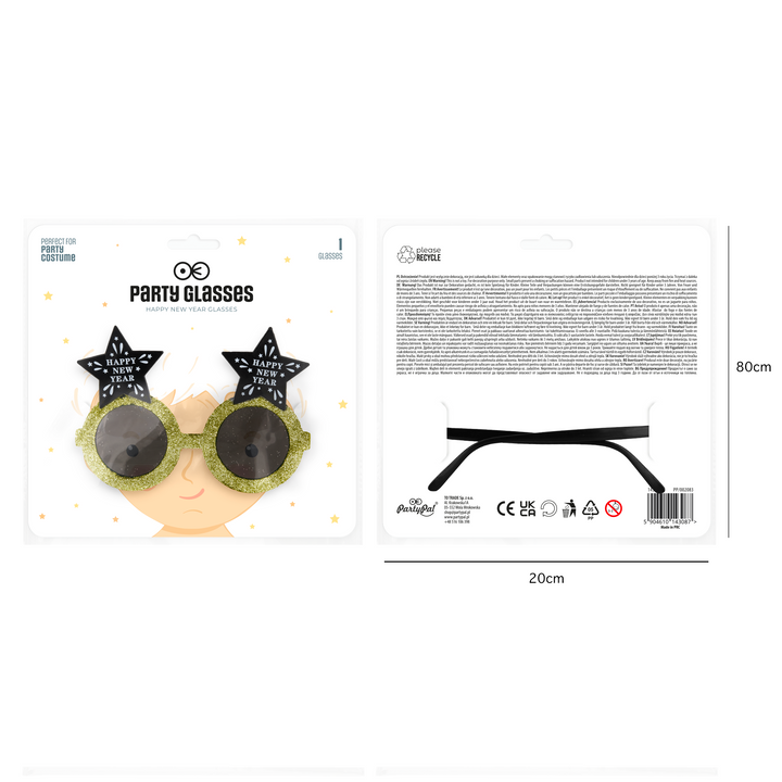 Imprezowe okulary Happy New Year gwiazdki czarno-złote 1szt.