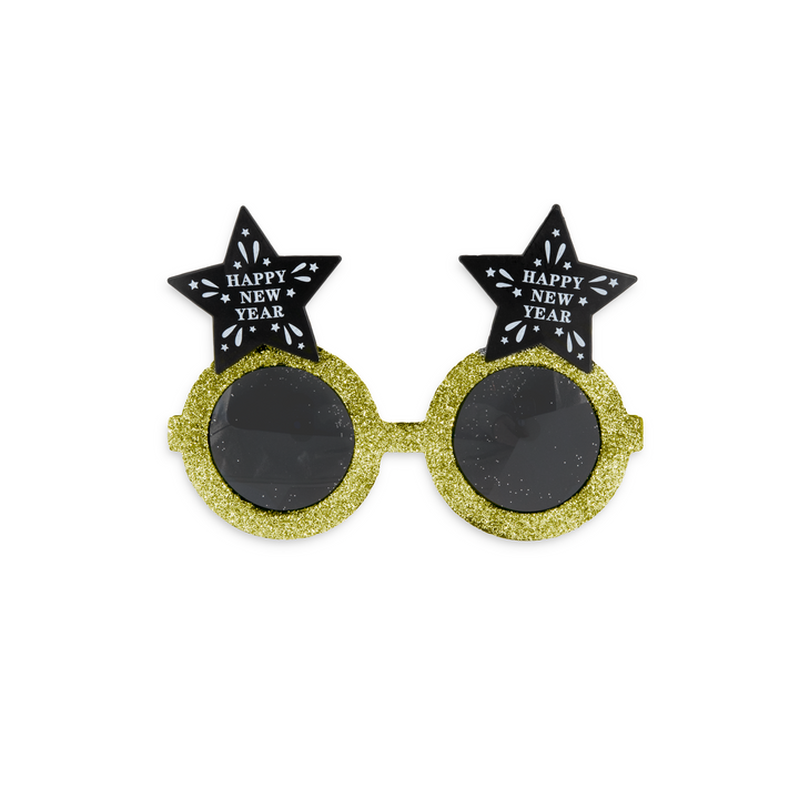 Imprezowe okulary Happy New Year gwiazdki czarno-złote 1szt.