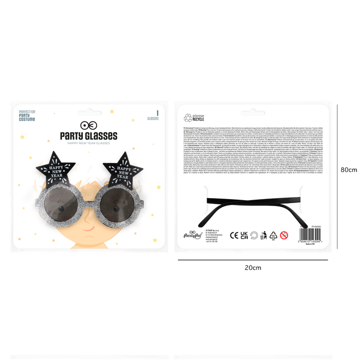 Imprezowe okulary Happy New Year gwiazdki czarno-srebrne 1szt.