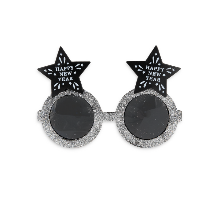 Imprezowe okulary Happy New Year gwiazdki czarno-srebrne 1szt.