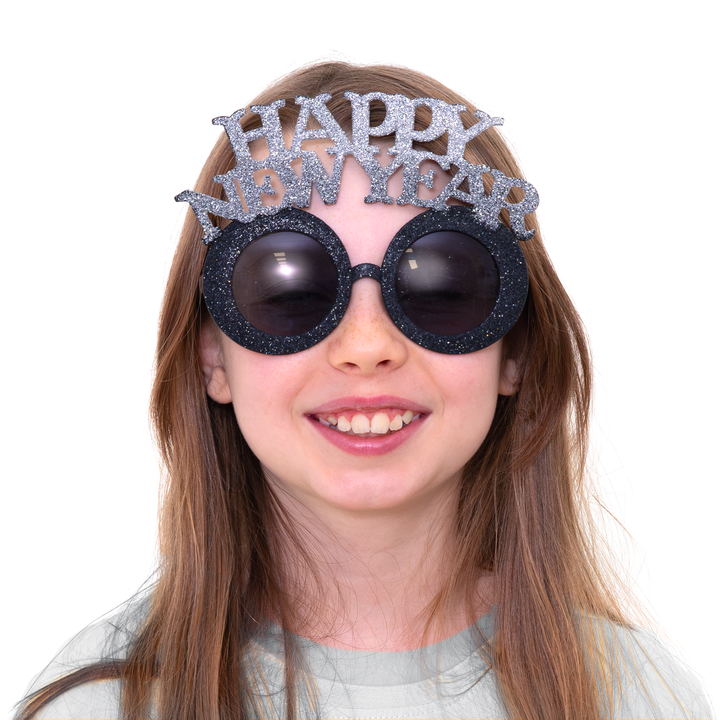 Imprezowe okulary Happy New Year czarno-srebrne 1szt.