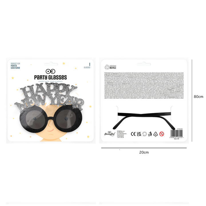 Imprezowe okulary Happy New Year czarno-srebrne 1szt.