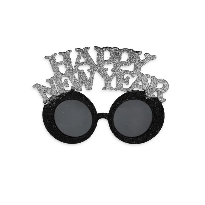 Imprezowe okulary Happy New Year czarno-srebrne 1szt.