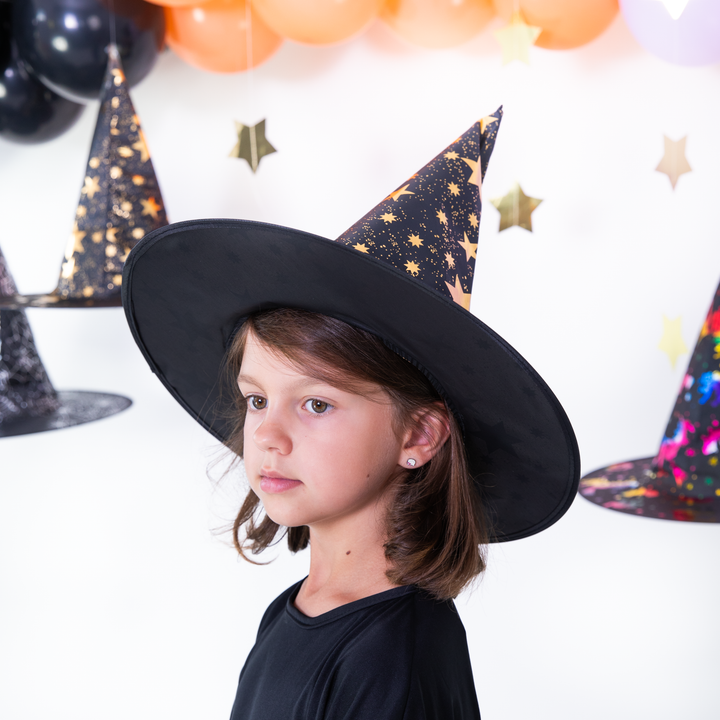 Kapelusz czarownicy Gwiazdki czarno-złoty 38x32cm