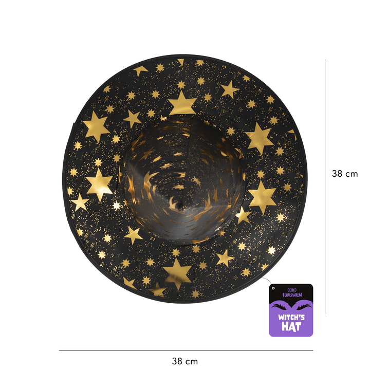 Kapelusz czarownicy Gwiazdki czarno-złoty 38x32cm