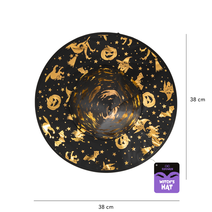 Kapelusz czarownicy Halloween czarno-złoty 38x32cm