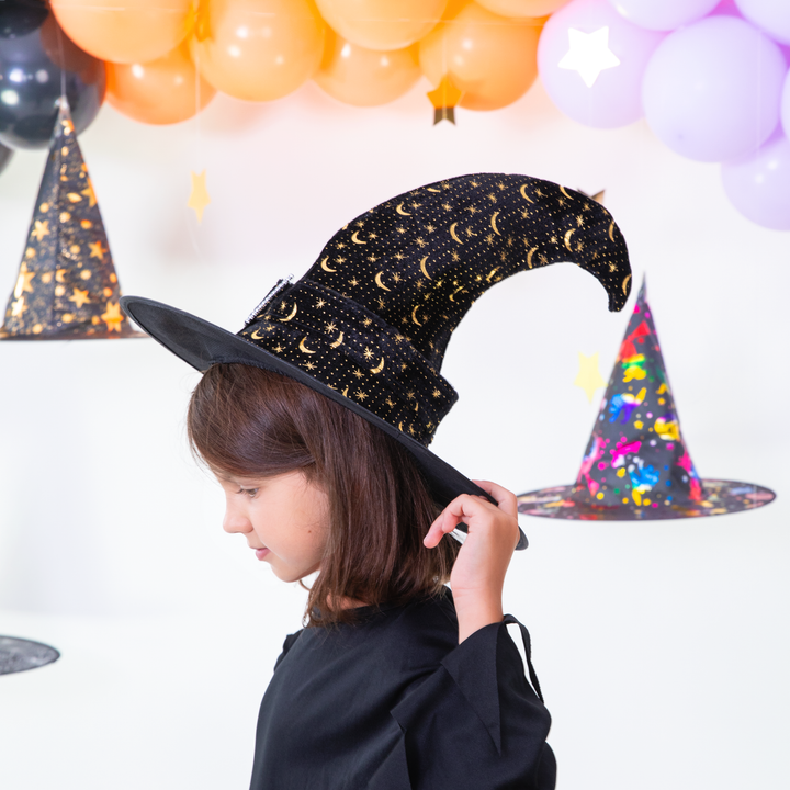 Kapelusz czarownicy zakrzywiony czarno-złoty 38x30cm