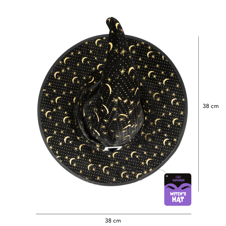 Kapelusz czarownicy zakrzywiony czarno-złoty 38x30cm