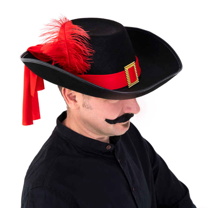 Kapelusz muszkietera czarny z czerwoną szarfą