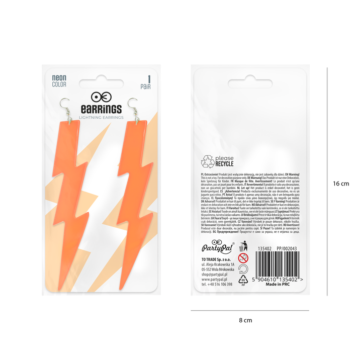 Kolczyki neonowe Błyskawice pomarańczowe 12cm
