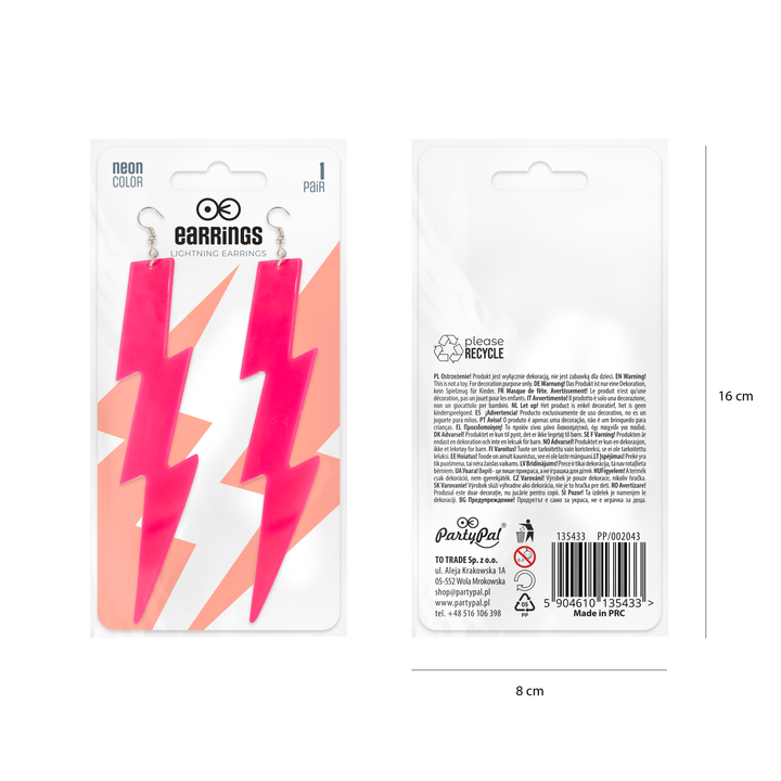 Kolczyki neonowe Błyskawice różowe 12cm