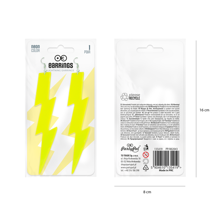 Kolczyki neonowe Błyskawice żółte 12cm
