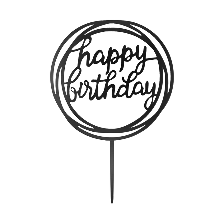 Topper na tort Happy Birthday okrągły czarny 1szt.