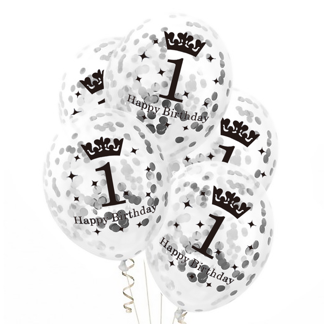 Balony z konfetti na roczek Happy Birthday srebrne 12cali 100szt