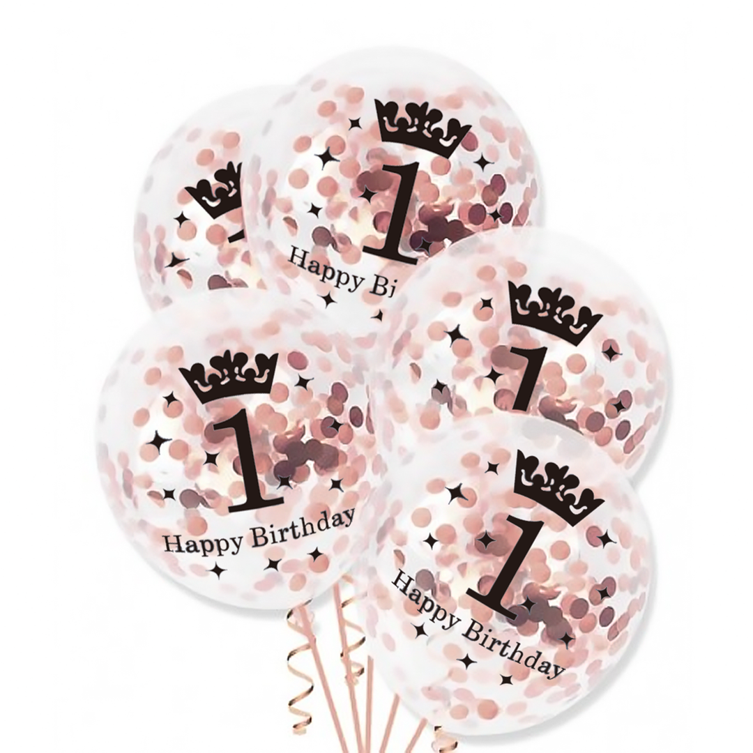 Balony z konfetti na roczek Happy Birthday rose gold12cali 100szt