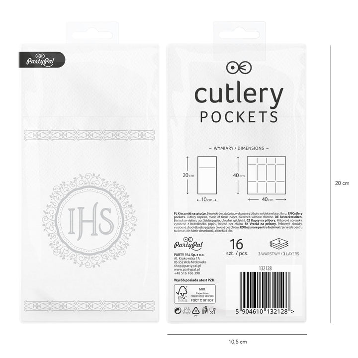 Kieszonki na sztućce IHS biało-srebrne - opakowanie