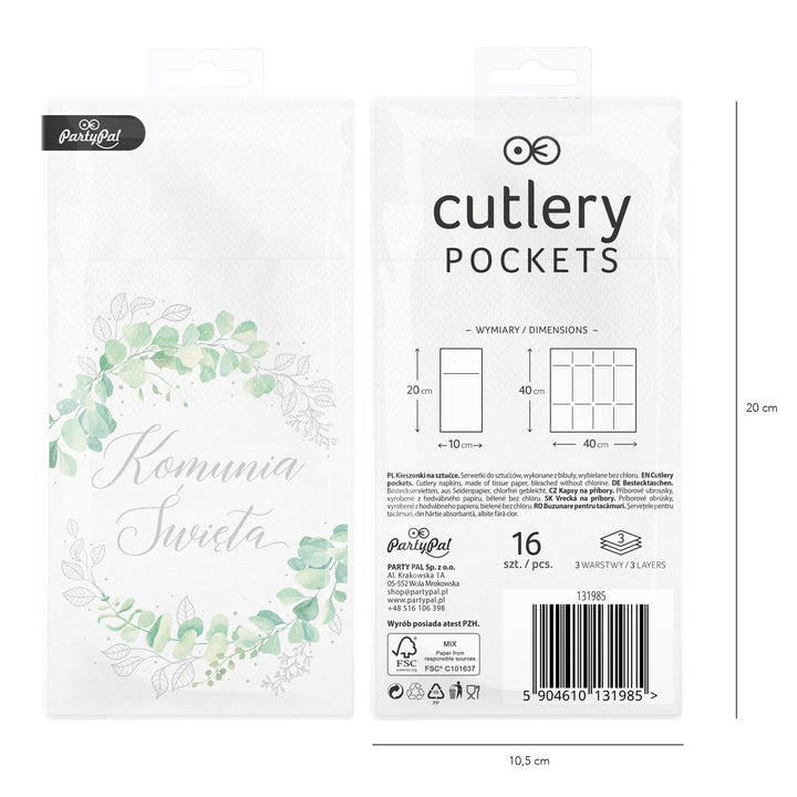 Kieszonki na sztućce Komunia Święta z serii Eukaliptus srebrny - opakowanie