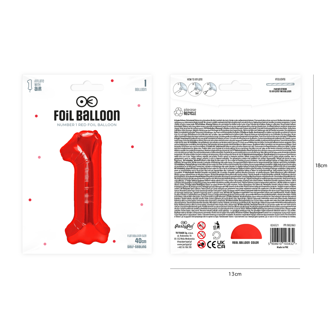 Folienballon Nummer 1 rot 40cm