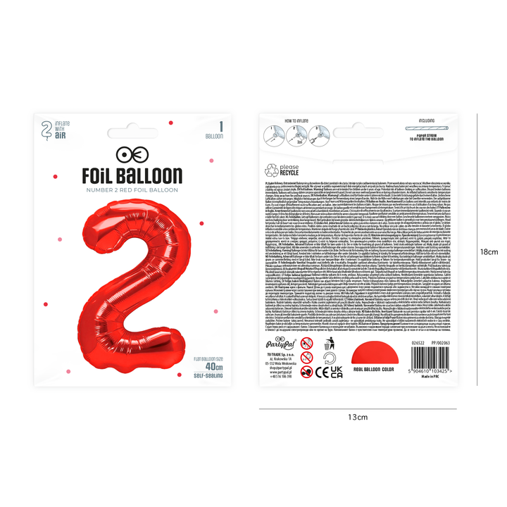 Balon foliowy cyfra 2 czerwony 40cm
