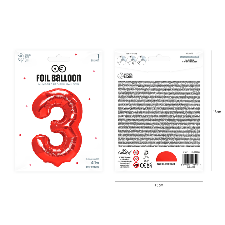 Balon foliowy cyfra 3 czerwony 40cm