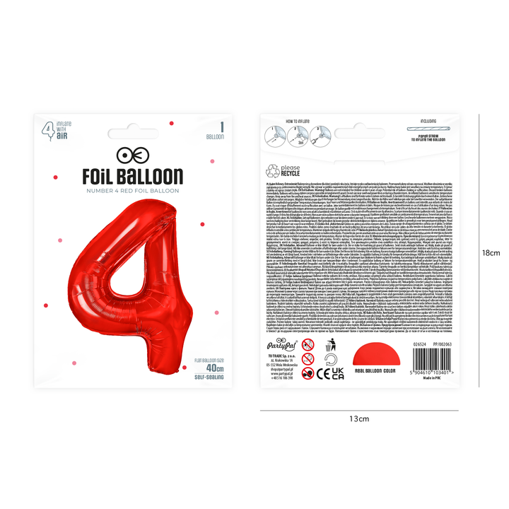 Balon foliowy cyfra 4 czerwony 40cm